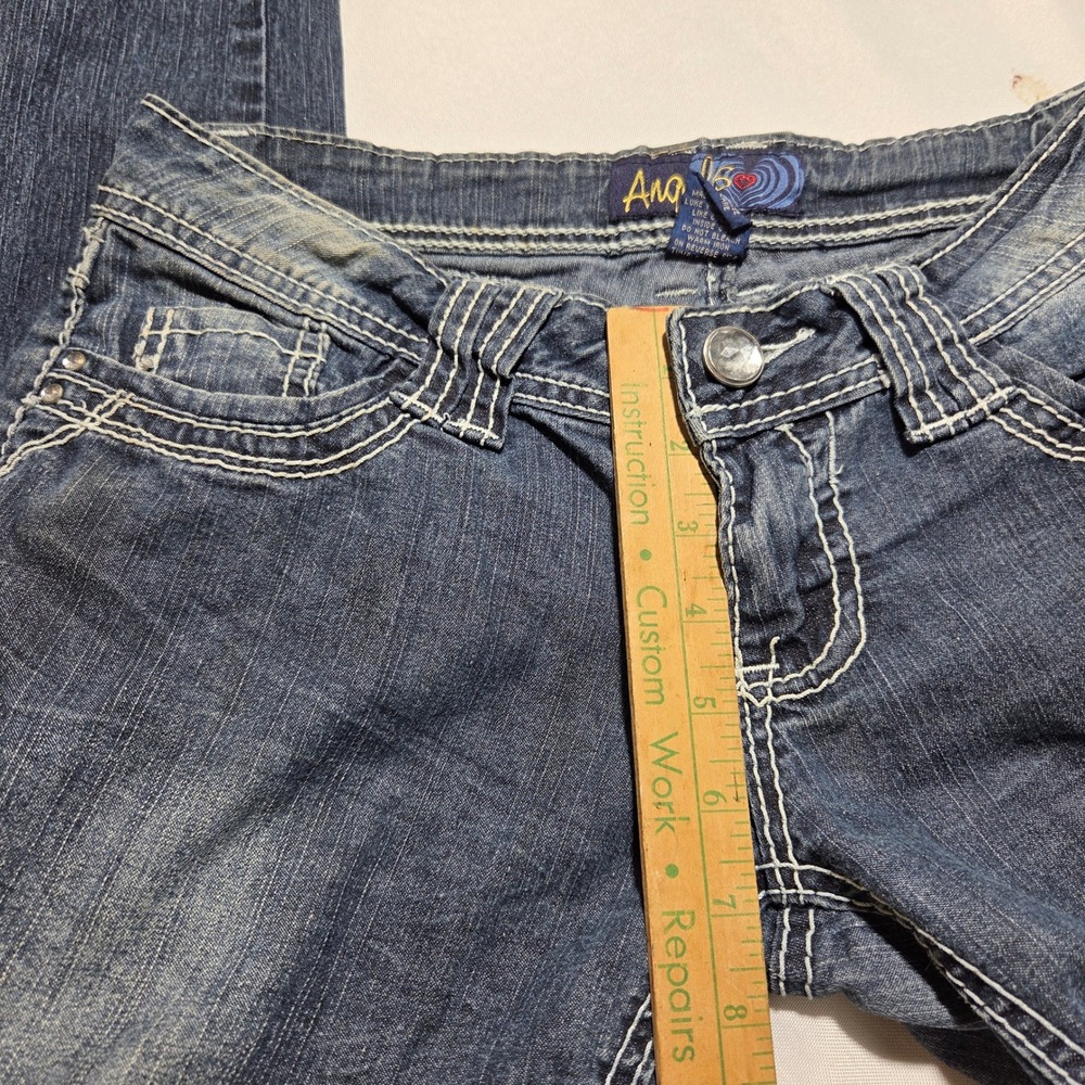 Angels Womens Skinny Jeans Blue Dark Wash Thick Stitch Rhinestone Low Rise Sz 5 - Picture 8 of 8